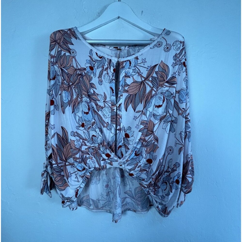 Free People Womens Keepin On Top Large White Pink Floral Tie Sleeve Knit Blouse